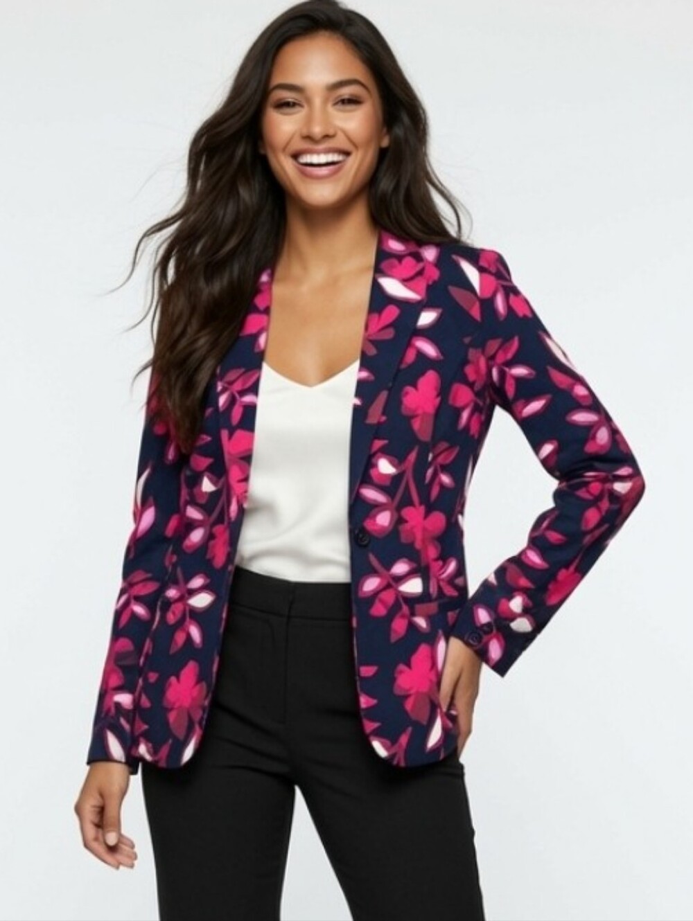 Simply Styled Navy Blazer with Pink Floral Print (Med)